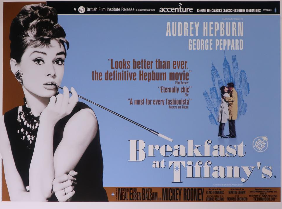 This is a quad poster for a UK release of the film 'Breakfast at Tiffany's'. Audrey Hepburn starts in the lead role.