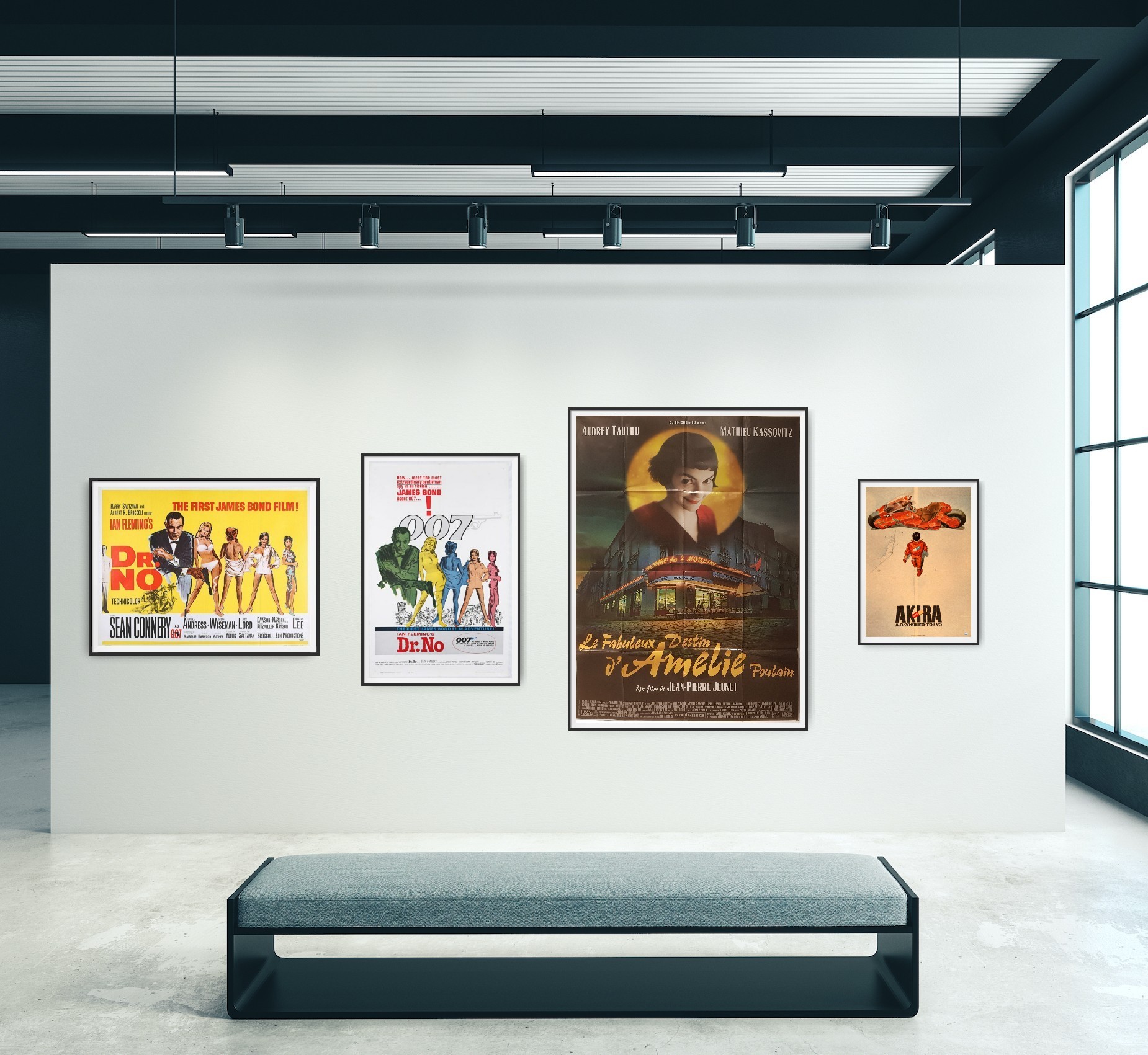 The image, from left to right, shows a Dr. No UK Quad Cinema Poster, a Dr. No US One Sheet poster, a French Grande for the film Amelie and a Japanese B2 poster for the film Akira. Images of all posters are shown to scale hanging on a gallery wall.