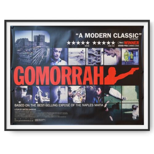 This poster features the word 'Gomorrah' in red letters and features images from the film.