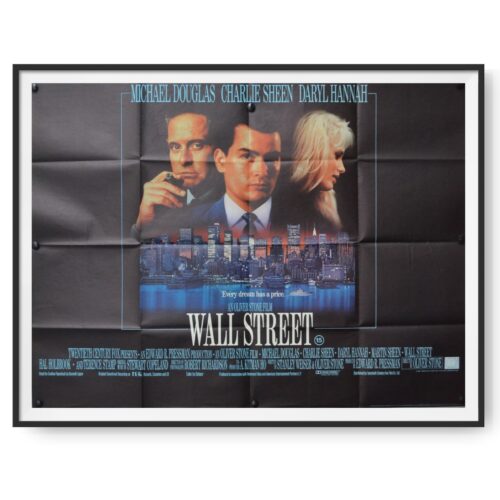 This image for the film Wall Street shows Charlie Sheen, Michael Douglas and Daryl Hannah