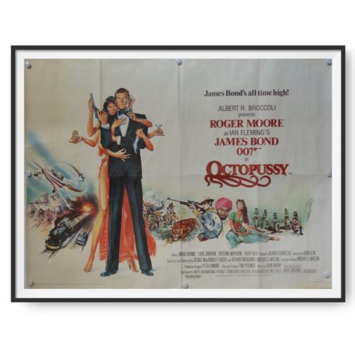 This is a UK Quad Poster for the James Bond film Octopussy. Roger Moore plays James Bond and can be seen on the poster with Maud Adams.