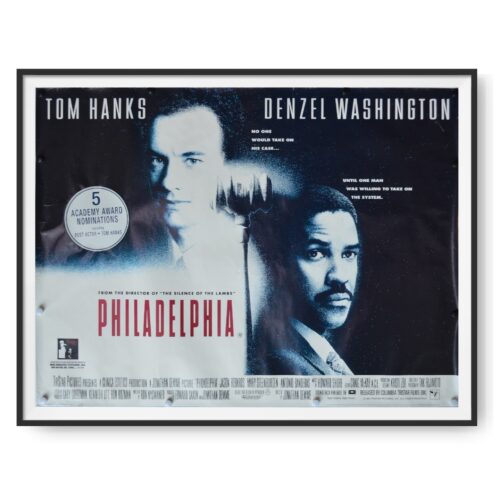 A UK quad poster for the film Philadelphia. Tom Hanks and Denzel Washington can be seen in this image.